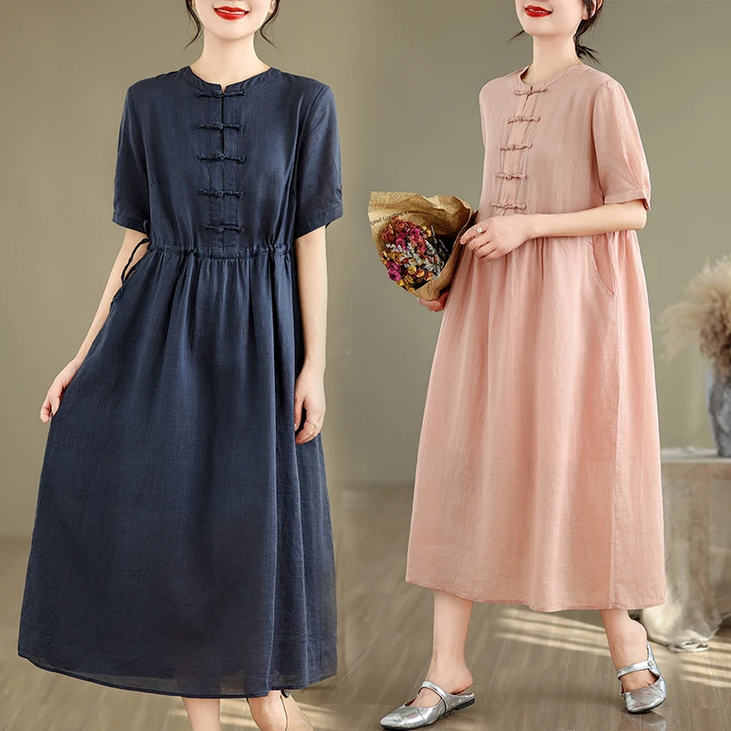 

Elegant Vintage New Chinese Style Loose Short Sleeved Dress 2024 Spring Summer Women Cotton O Neck Casual Long Dress F362