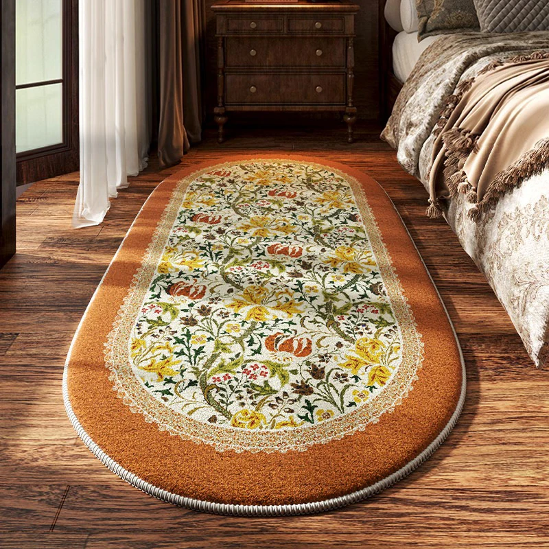 Bedroom Bedside Carpet Non-slip Soft Comfortable Floor Mat American Retro Flower Pattern Rug Oval Long Home Decoration Mats 양탄자