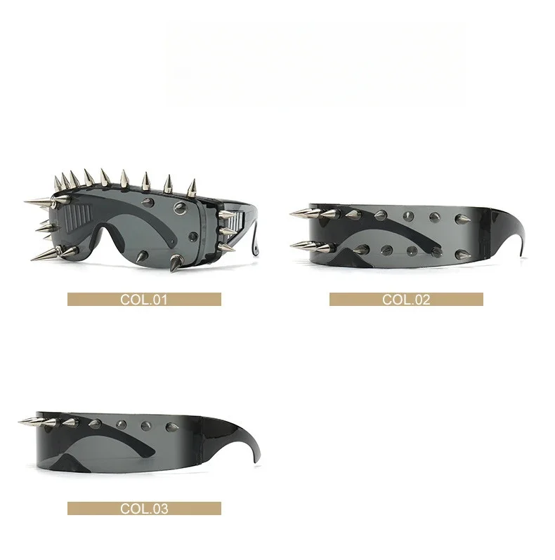 Steampunk Y2K Sonnenbrille mit großem Rahmen und Nieten für Damen und Herren, Vintage Punk Luxusmarke Designer Sonnenbrille Trend Einteilige Gläser – Detail 4