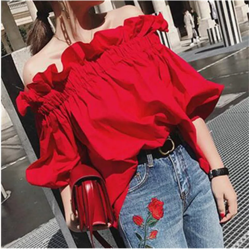 Ruffles Fashion Woman Blouse Off the shoulder Youth Elegnat Blouses Luxury Tops Designer Puff sleeve 2024 Korean New