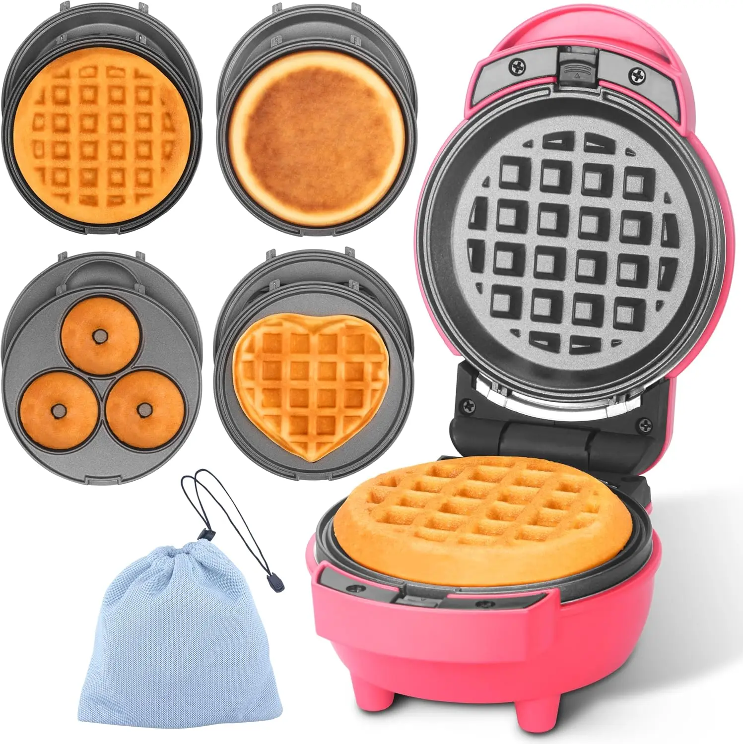 

4 in 1 Waffle Maker Set: Mini Doughnut & Waffle Maker, Removable Plates, Compact, Recipe Included, Red