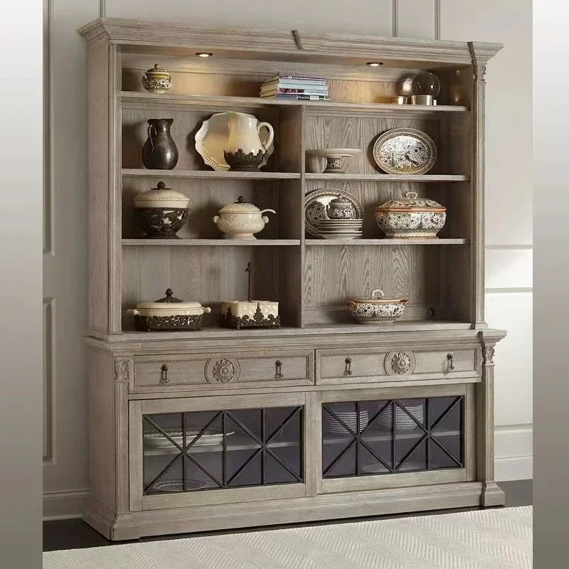

American retro carved solid wood side cabinet dining cabinet French old kitchen dishboard wine