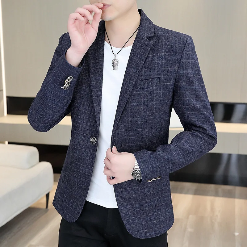 

HOO 2023 Men's Autumn Slim Fit Handsome Casual Plaid Suit Jacket Youth Fashion All-Matching blazer