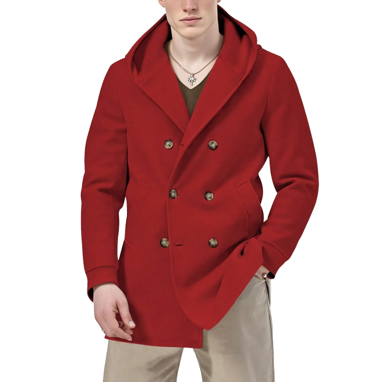 

Autumn Winter Hooded Trench Men Mid-Length Coat Double-Breasted Casual Jacket Mens Turn Down Collar Fashion Hooded Windbreaker