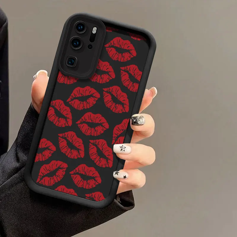 Soft Silicone Phone Case For Huawei P30 P50 P20 P40 Pro Lite Black Lips Kiss Print Camera Lens Protection Shockproof Cover Coque