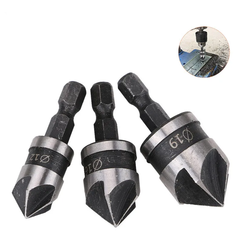 3pcs 1/4 Hex 5flute Countersink Drill Bit Set Steel 90 Degree Deburring Chamfer Tool Hole Saw Cutter for Wood Metal 12/16/19mm