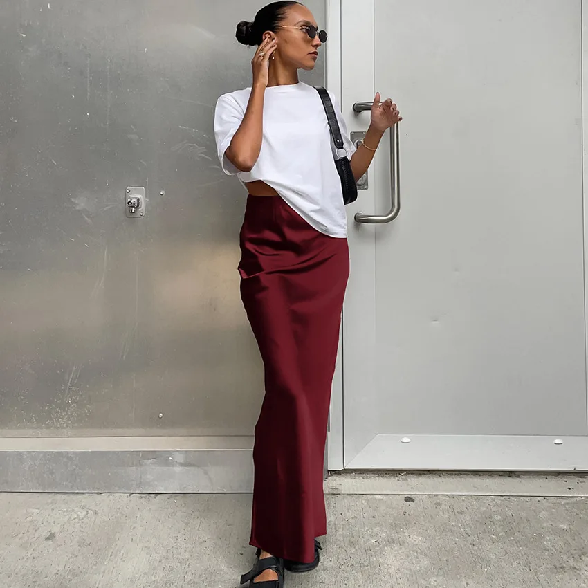 SKMY 2025 Autumn Women Clothing Solid Color Satin Skirt Fashion Office Ladies Hanging Fishtail Skirt High Waist Long Skirt