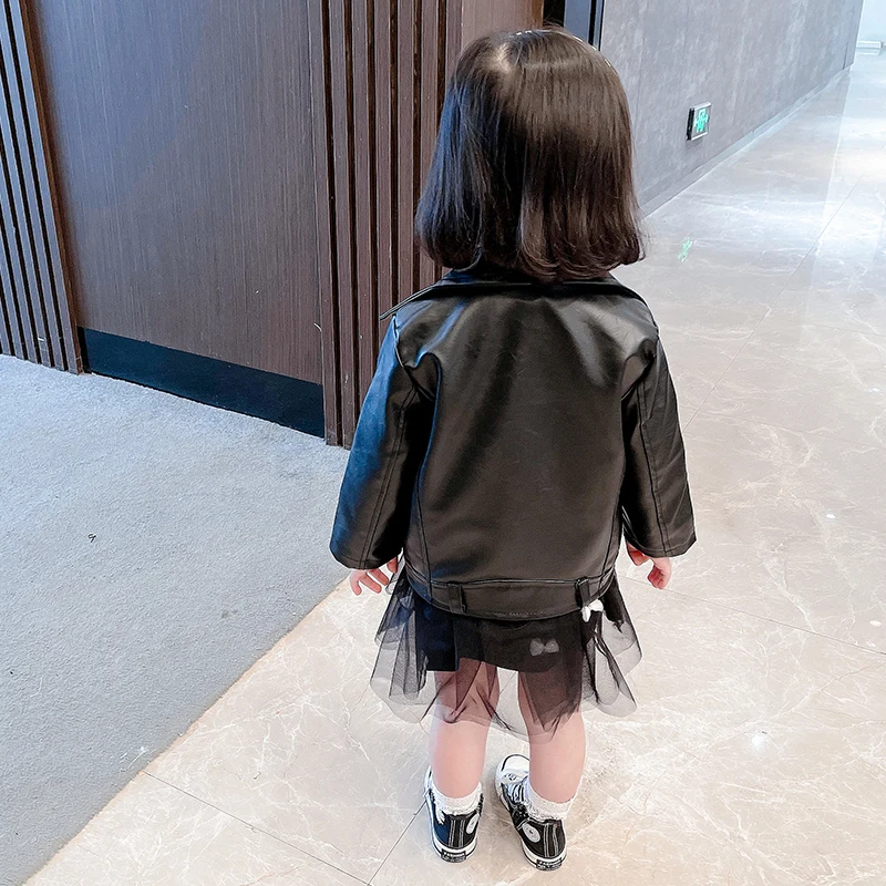 Children's leather jacket 2022 new PU spring and autumn girls jacket simulation leather tilt zipper top motorcycle fashion cheap