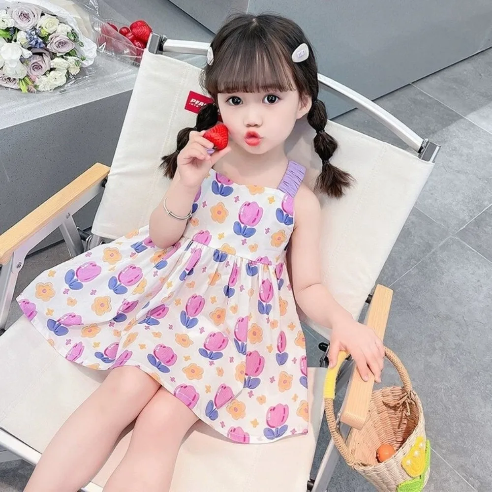 Princess Style Floral Baby Girls Beach Dresses Tulip Soft A-Line Dress Strapless Breathable Gown Dress Summer