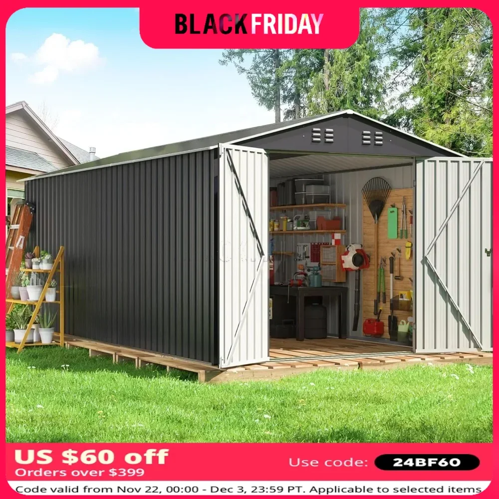 

8x12 FT Outdoor Storage Shed with Updated Frame Structure and Lockable Doors, Metal Tool Sheds