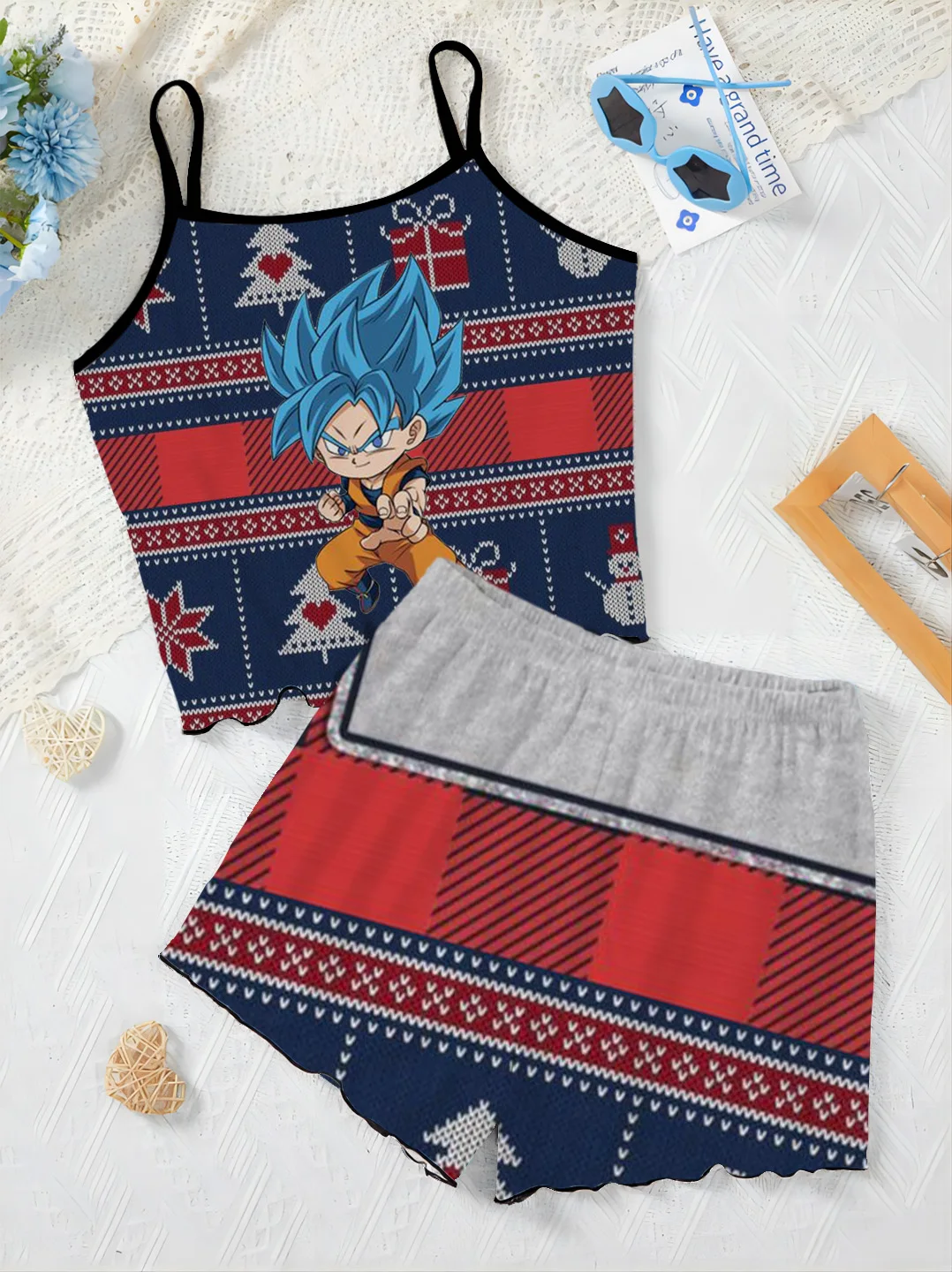 ชุดเดรสชุดนอนกระโปรงเสื้อยืดผักกาดหอม Trim Elegant ผู้หญิงชุด Dragon Ball Son Goku ชิ้นด้านบนสั้นสองชุดสูทชุดบ้าน