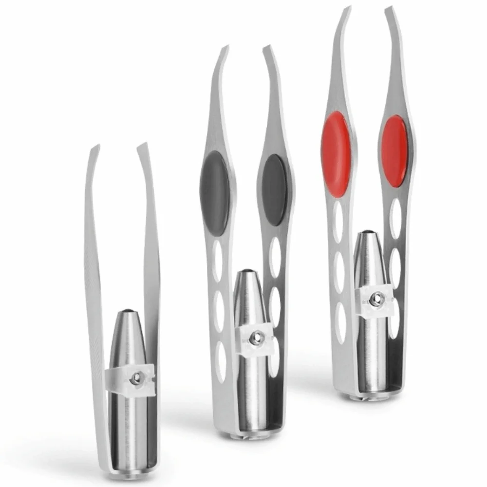 Pinzette per sopracciglia a LED in acciaio inossidabile Bocca angolare con clip per tagliare le sopracciglia leggera Rimozione inclinata Piegaciglia per ciglia finte da donna