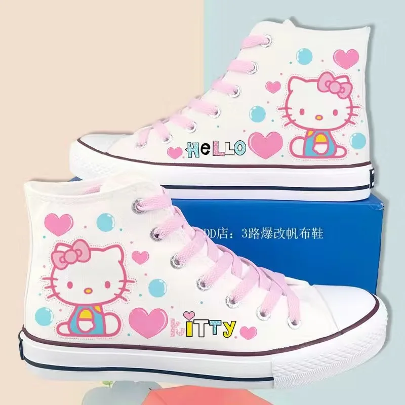 Sanrio Kitty Lolita Shoes High Top Canvas Shoes for Women Hello Kitty Printed Student Casual Flat Sneakers 2024 New Women Shoes