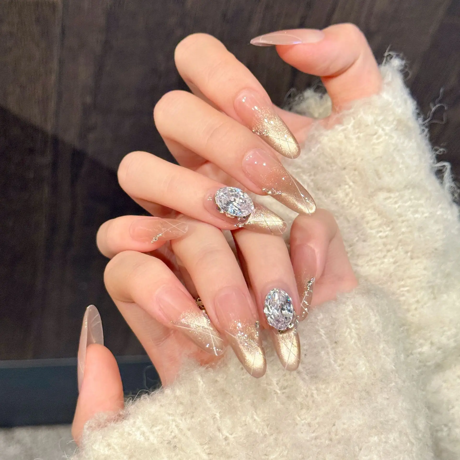 10 PCS Luxury Handmade Press on Nails Long Oval Caramel broken diamond Design with 3-PIECE Tool Adhesive Nail Glue Tabs