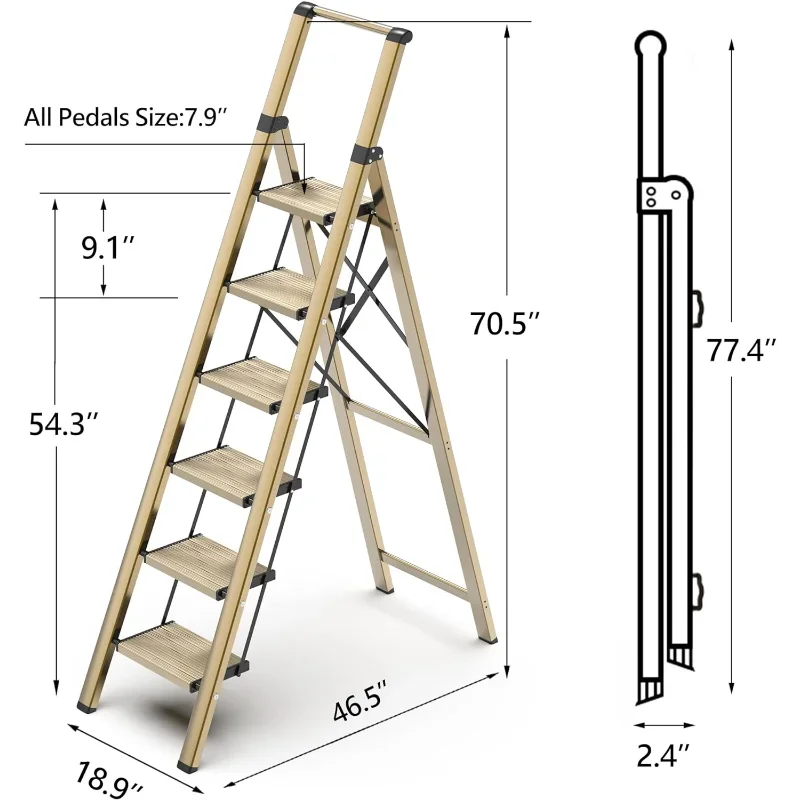 سلم ذو 6 خطوات للسقف العالي بطول 12 قدمًا، مقعد من الألومنيوم خفيف الوزن قابل للطي مع قبضة يد مريحة، سلالم متدرجة #6