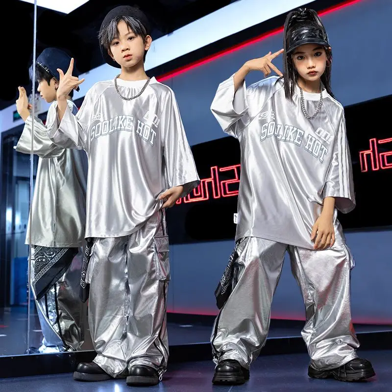 

Boys Silver Hip Hop T-shirt Girls Street Dance K-pop Cargo Pants PU Leather Clothes Set Child Shiny Streetwear Kids Jazz Costume