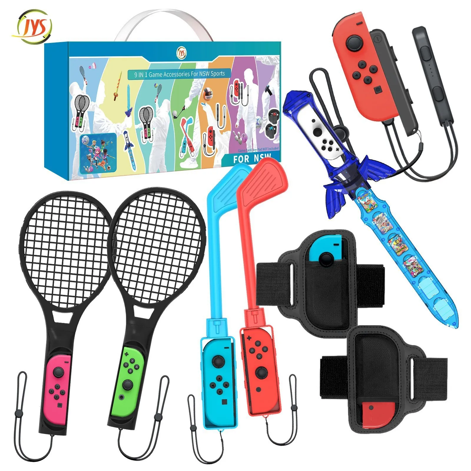 2022 JYS-NS236 for Switch 9 in 1 Sports Set NS Tennis Racket + Golf Club + Yoga Ring Leg Strap + Games lightsaber etc