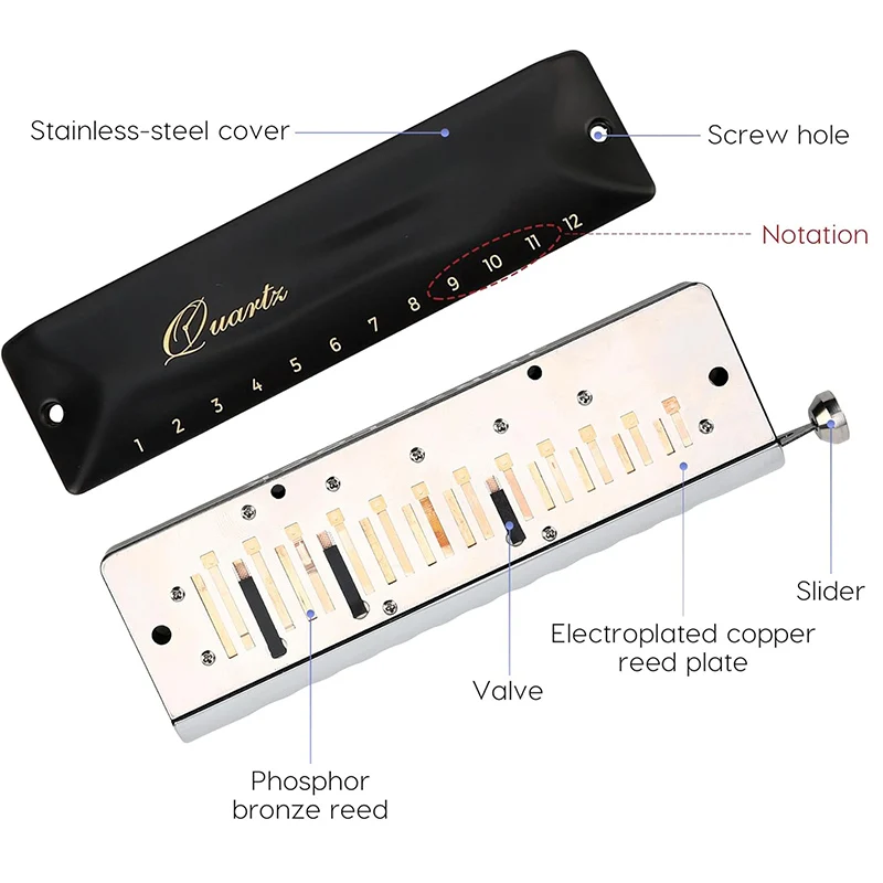 JDR Quartz Chromatic Harmonica C Key 12-Hole 48 Tones Chromonica Easy Bending Armonica Half No Sticky Valves Mouth Organ Harp