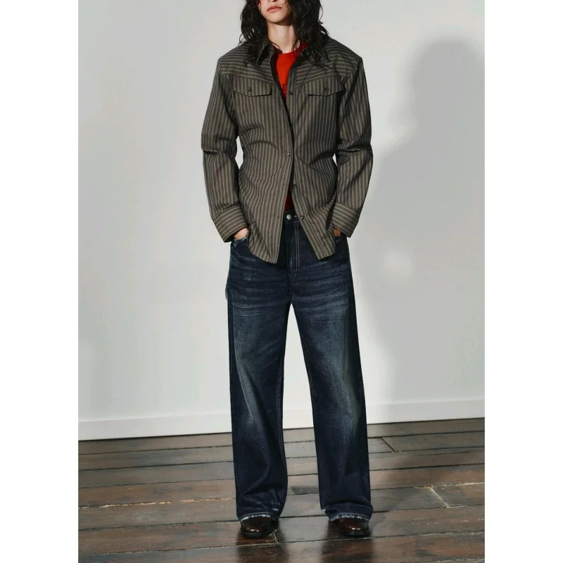 

Autumn New Women's irt oulder Pad Stripe Silk Long Sve Turn-down Collar Top European Sle Polyester Fiber Breathable