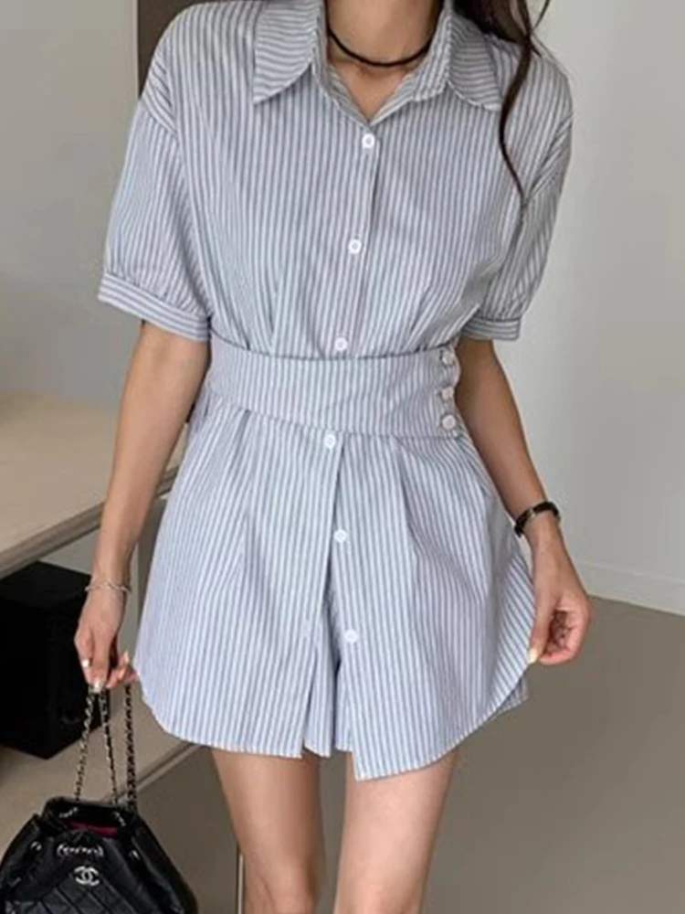 SuperAen 2024 Korean Chic Summer Vintage Design Buckle Up Waist Shirt High Waist Wide Leg Short Sets