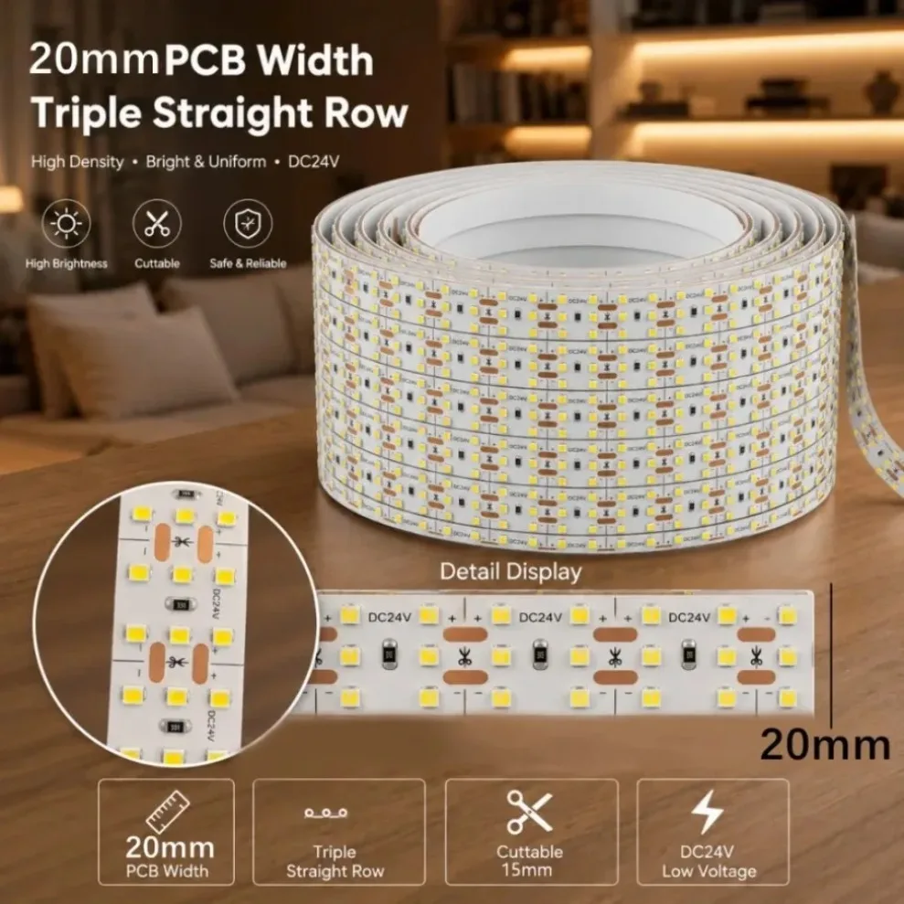 Three Rows SMD2835 LED Strip DC24V 360LEDs/M High Density Flexible Tape 10m-0.5m for DIY TV Backlight Bedroom Kitchen Lighting