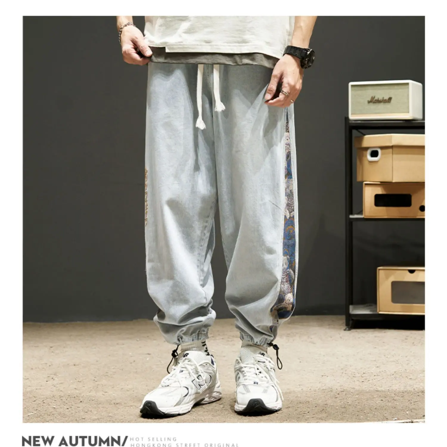 Summer Embroidered Jeans Men Trousers Loose Trendy Brand Thin Tilt Pants Cropped Casual High Elastic Drawstring Waist Sports 023