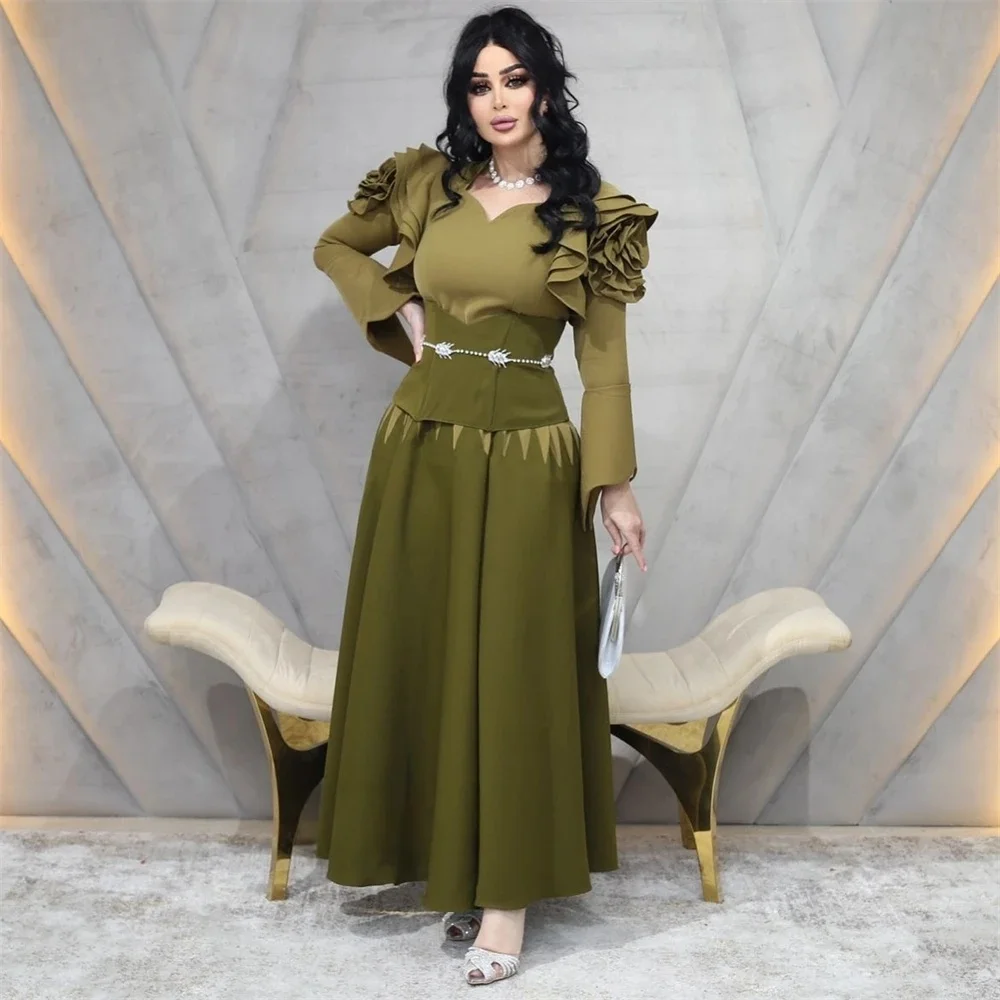

Green Floral Long Sleeves Bespoke Occasion Gown Evening Dresses Pastrol Unisex Jersey Retro Dubai Saudi Arabic Prom Customized