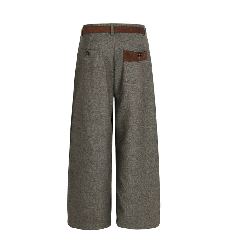WVGA Spring Autumn New Men Tide Houndstooth Pleated Patchwork Trendy Straight Niche Chic Casual Loose Suit Pants Ins Y2K W18541