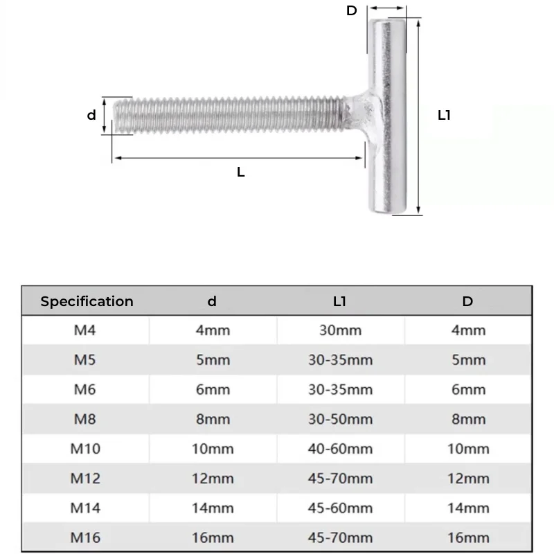 M4 M5 M6 M8 M10 M12 M14 M16 304 Stianless Steel Cylindrical Welding T-Shaped Screw Small Cylindrical Shape Bolt
