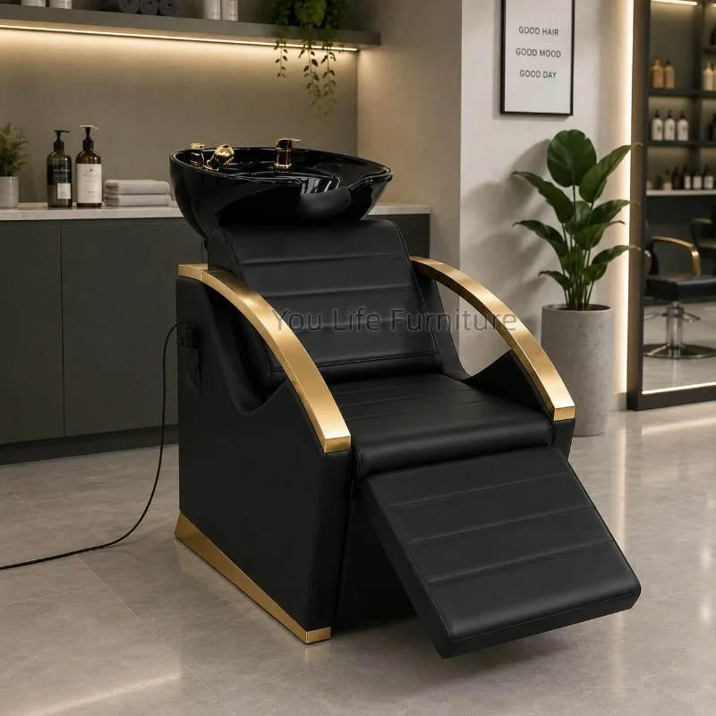 Electric Shampoo Chair with Ceramic Bowl Hair Washing Chair with Massage Durable Salon Shampoo Bed with Adjustable Footrest