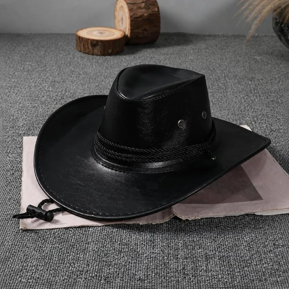 Durable Wide Curved Brim Western Cowboy Hat Wind Lanyard Classic Fedora Sun Hat Faux Leather Wide Brim Cap Outdoor Travel