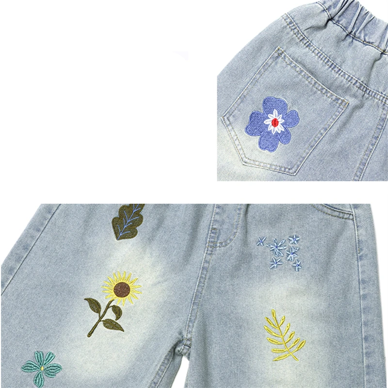 Kids Child Summer Retro Blue Denim Shorts with Embroidery for Tweens Girl Goth Hip Hop Pocket High Waist Slim Knee Length Capris