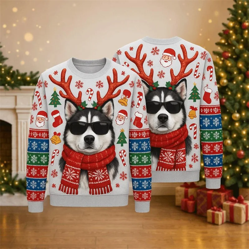 

Funny Husky Reindeer Antler Graphic O-Neck Sweatshirt Fashion Personality Long Sleeve Pullover Autumn Winter Christmas Theme Top