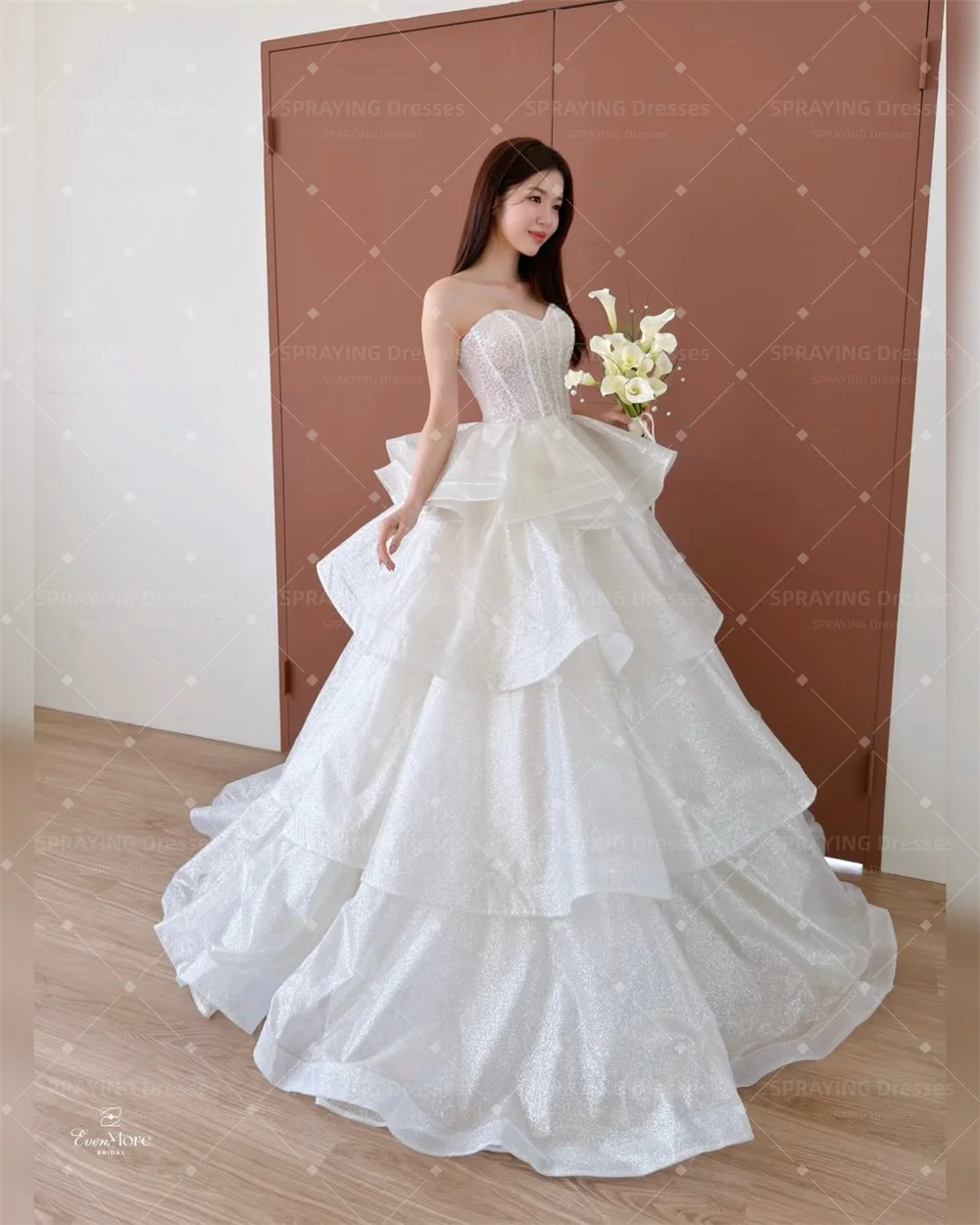 SPRAYING Luxury Sparkly Organza Wedding Dresses Korea Photo Shoot Sweetheart Beaded Bridal Gowns A-line Tiered Corset Customized