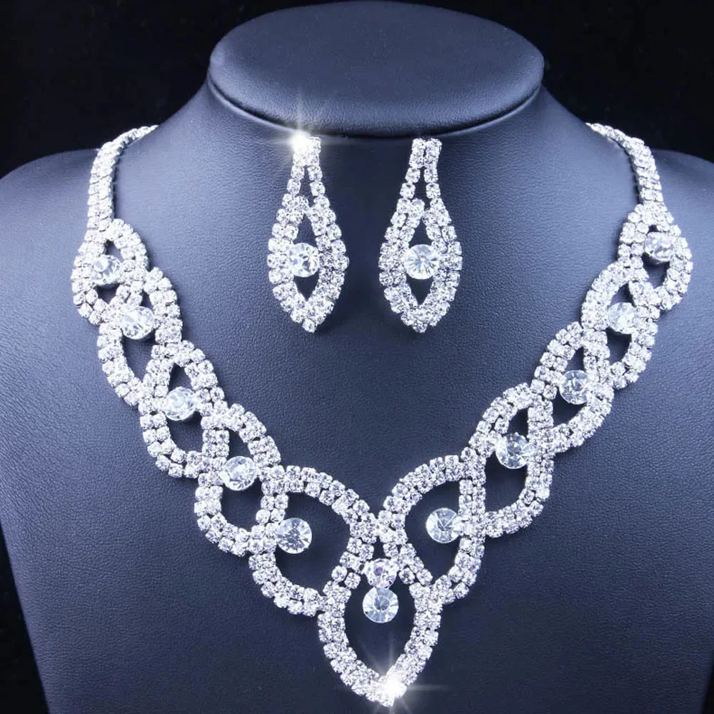 Fashion Women Luxury Wedding Prom Bridal Crystal Rhinestone Necklace Earring Jewelry Set Hot New Trendy Rhinestone Jewellery