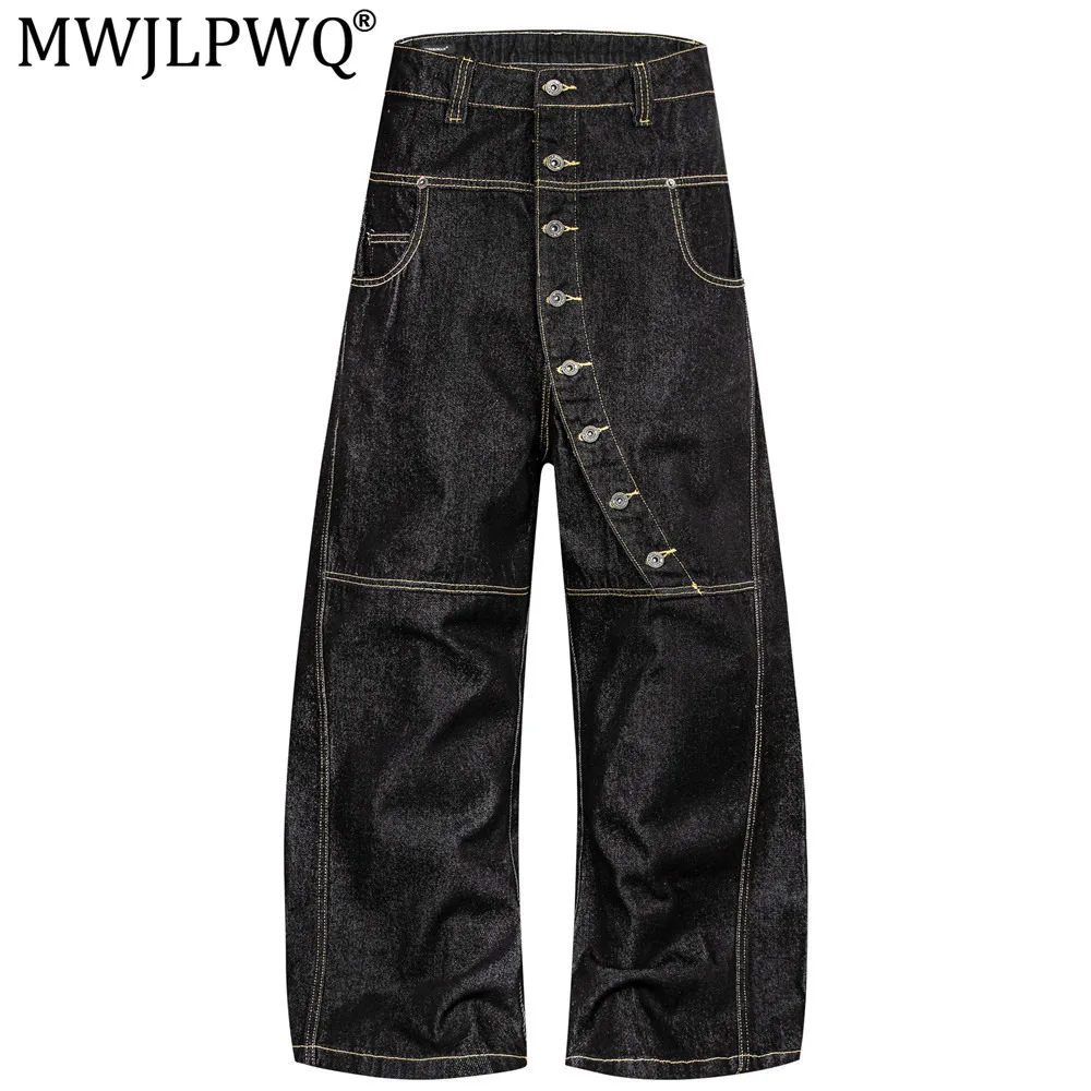 MWJLPWQ Men's Hip-Hop Style Heavy-Duty Jeans Deconstructed Stitching Curved Denim Pants Slanted Seam Scythe Trousers 21429