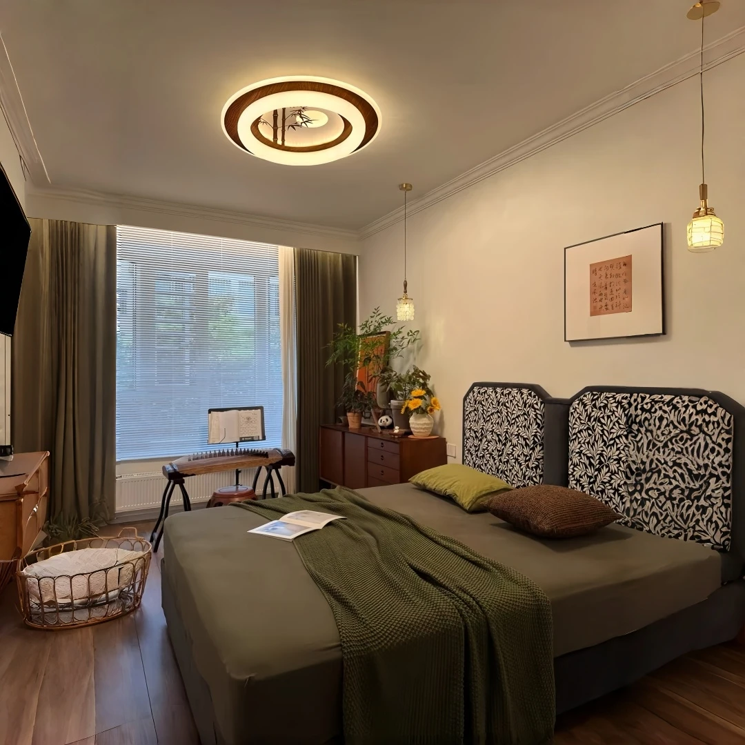 New Chinese Walnut Colored Ceiling Light with Circular Embedded Design for Bedroom, Living Room and Home Decoration