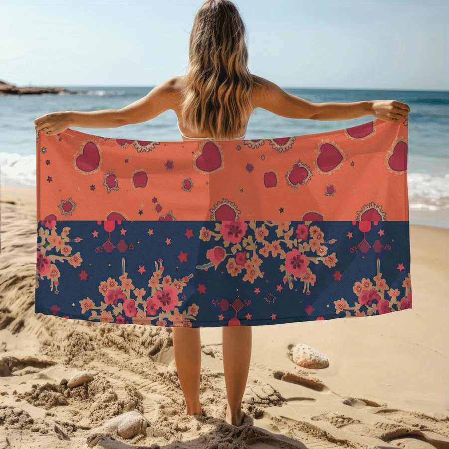 1pc Pink and Orange Flower Heart Pattern Beach Towel | Soft,Absorbent, Quick-Drying Polyester Blend - Ideal for Swimming,Camping