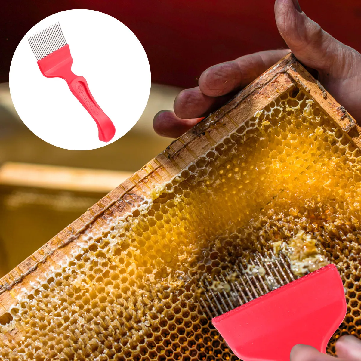 1Pcs Heavy Duty Honey Scraper with Steel Tines Red Handle Beekeeping Tool for Safe Honey Collection and Hive Inspection