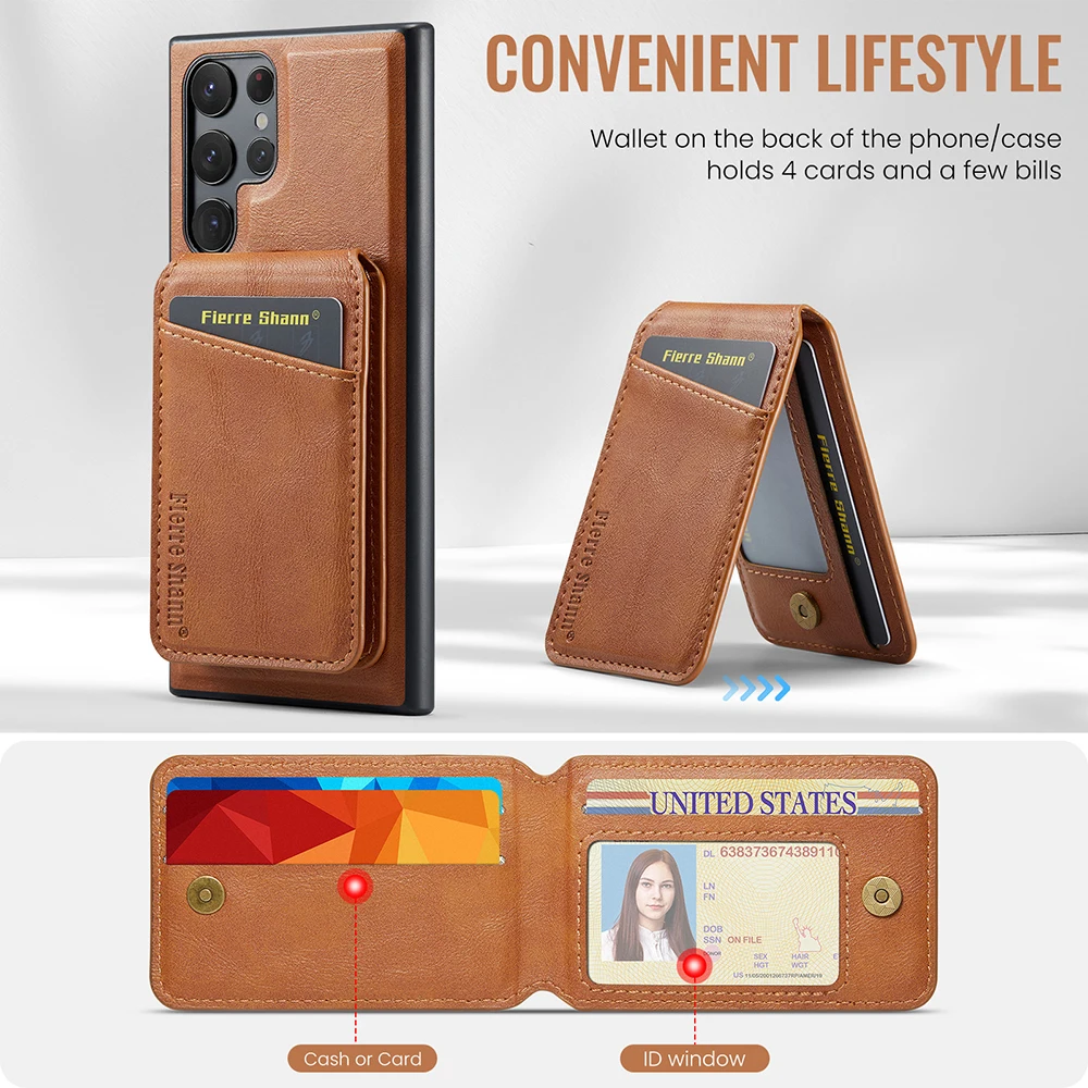 Leather for Magsafe Phone Case for Samsung Galaxy S24 S25 S26 Ultra S22 Plus S23 FE Bracket Magnetic Cover with Card Holder L025