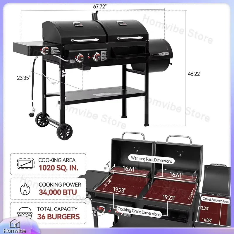 2 Burner Gas Charcoal Combo Grill with Offset Smoker Side Burner 34000 BTU Dual Fuel Outdoor BBQ Grill 1020 Sq In Cooking