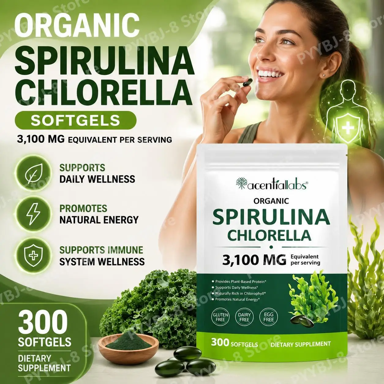 Organic Spirulina Chlorella Softgels, Plant Protein & Chlorophyll, Vitamins & Iron, Promotes Natural Energy, 300 Softgels