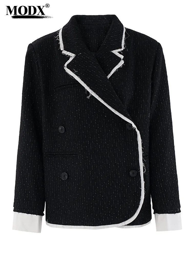 [MODX] Woolen Suit For Women, Autumn Winter New Style, Contrasting Color Splicing, Fringed Edge Personalized Jacket