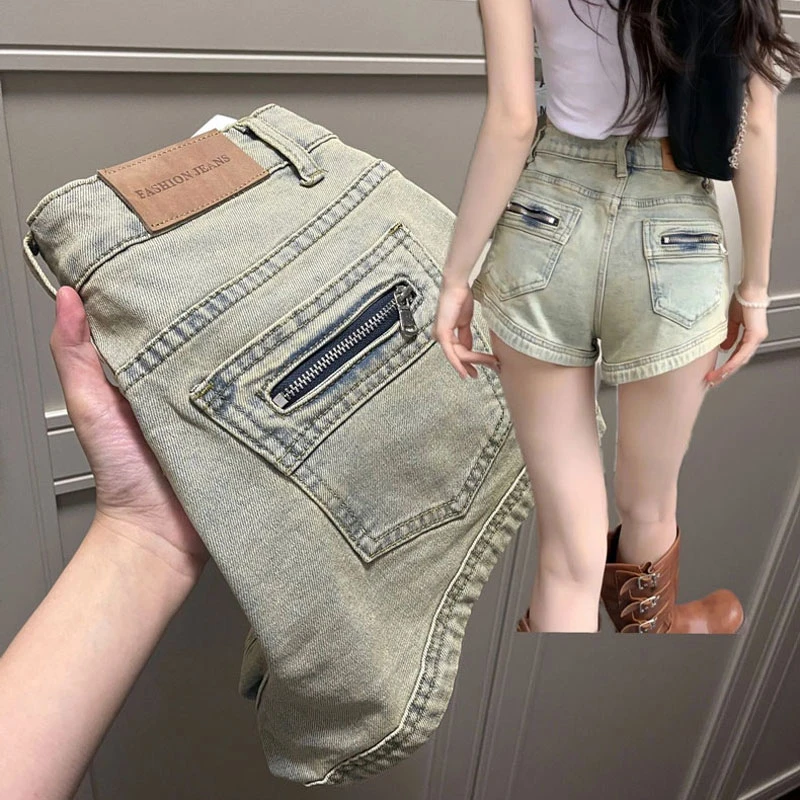 

Pocket design zipper denim shorts female washed yellow mud straight Slim elastic package hip high waist a word hot pants