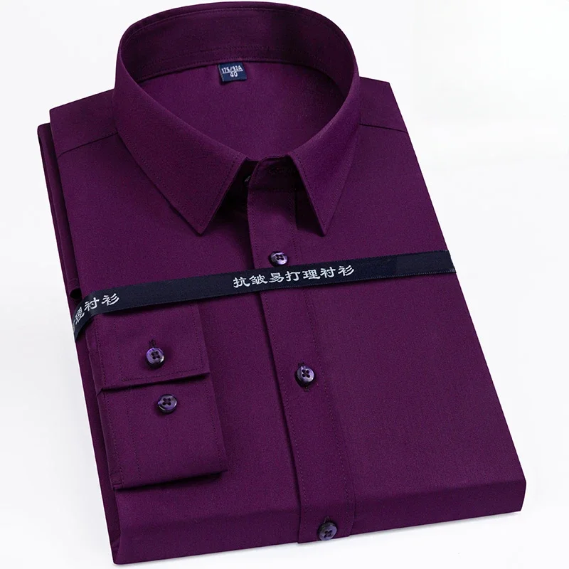 New in shirt plus size 8XLelastic long-sleeve shirts for men slim fit formal plain shirt wrinkle free business Purple clothes