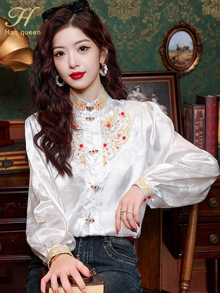 H Han Queen 2024 Spring Shirts And Blouses Vintage Women Clothes Embroidery Chiffon Elegant Blouse Loose Casual Long Sleeve Tops