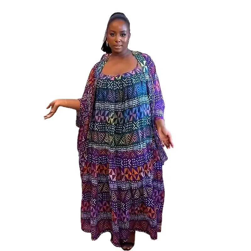 Plus Size African Dresses for Women Summer Fashion African Long Sleeve V-neck Printing Dress with Inner Outfits Beach Dress
