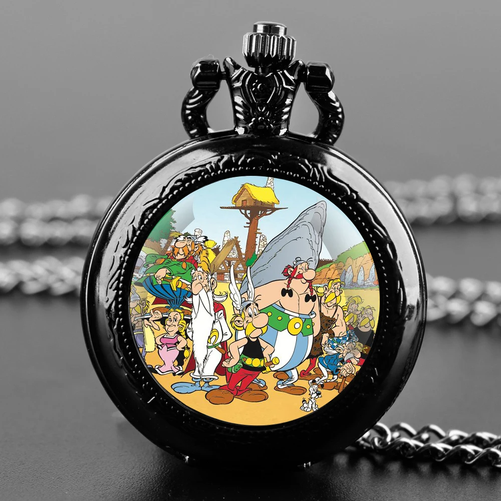 Asterix Glass Dome Vintage Arabic Numerals Quartz Pocket Watch Necklace Pendant Clock Chain Men Women for Anime Lover