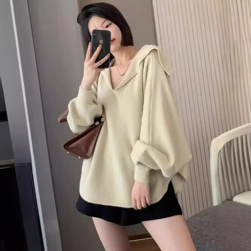 Dames Franse stijl effen kleur marineblauwe trui losse vleermuismouwen gebreide top herfst bovenkleding