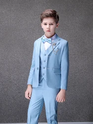 Children Light Blue 4Pieces/Set Jacket Vest Pants Bowtie Photograph Suit Flower Boys Stripe Wedding Dress Kids Tuxedo Costume
